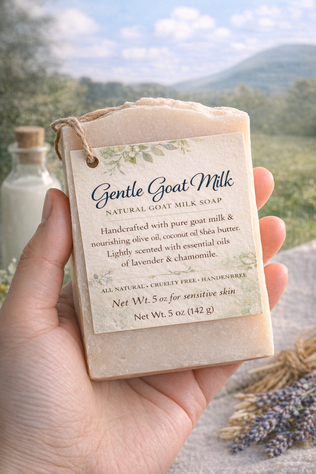 Gentle Touch Bar, handcrafted with skin loving plant oils and goat milk, perfect combination to create a rich, creamy lather that cleanses without drying, lightly scented, ideal for sensitive and drying skin.